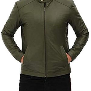 Fano Men's Army Green Snap Collar Leather Cafe Racer Jacket