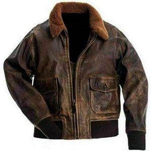 Men Bomber pilot Genuine Sheep leather Brown Waxed Jacket