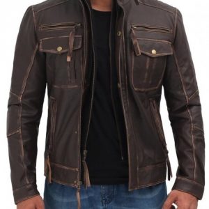 Dark Brown Mens Distressed Six Pocket Vintage Leather Jacket