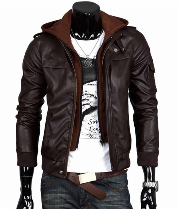 Men’s Slim Fit Chocolate Brown Leather Bomber Jacket with Hoodie