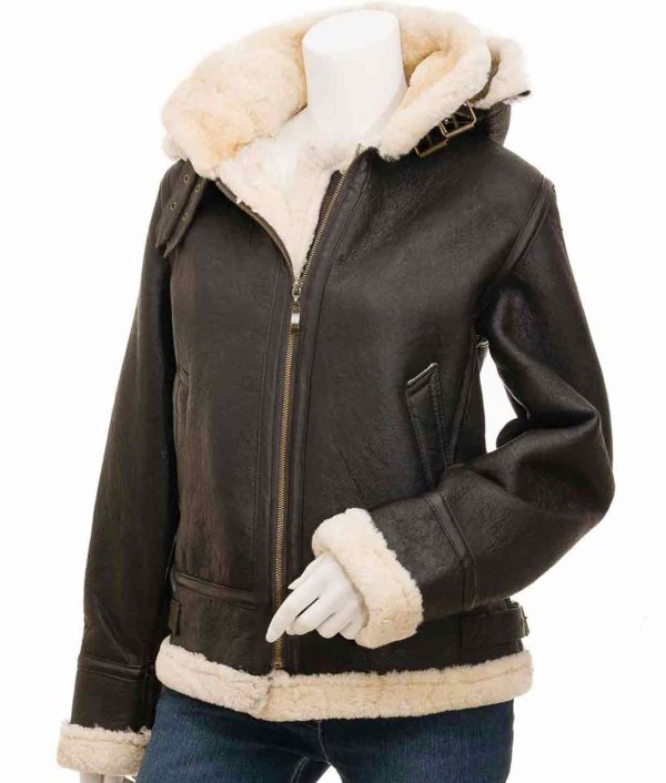 Women’s Shearling Belted Collar Style Brown Leather Jacket